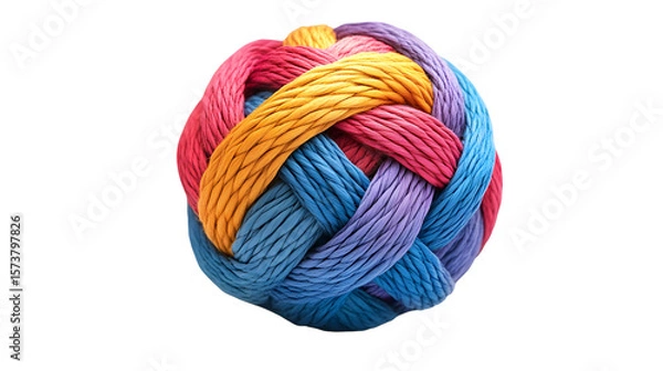 Fototapeta Photorealistic image of a sphere made of tightly woven diverse threads (different colors/textures), isolated on white, representing interconnectedness, diversity, unity.