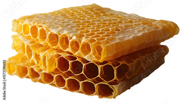 Fototapeta Photorealistic image of neatly folded reusable beeswax food wraps with honeycomb pattern, isolated on a pure Transparent background, symbolizing sustainable kitchen, eco-friendly storage.