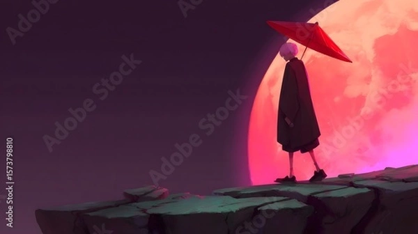 Fototapeta A surreal minimalist landscape depicting the silhouette of a solitary figure with an umbrella standing against a moody atmospheric backdrop of a large glowing moon and rugged cliffs