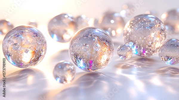 Fototapeta Photorealistic render of floating, semi-transparent geometric shapes (cubes, spheres) gently interacting, 