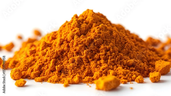 Fototapeta Photorealistic pile of yellow curry powder. Macro focus on fine texture, warm lighting, isolated on a pure Transparent background.