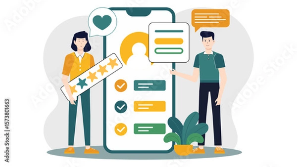 Fototapeta Freelancer receiving client feedback through app flat vector illustration