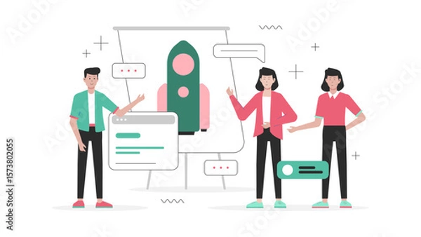 Fototapeta Startup team brainstorming pitch deck ideas flat vector illustration