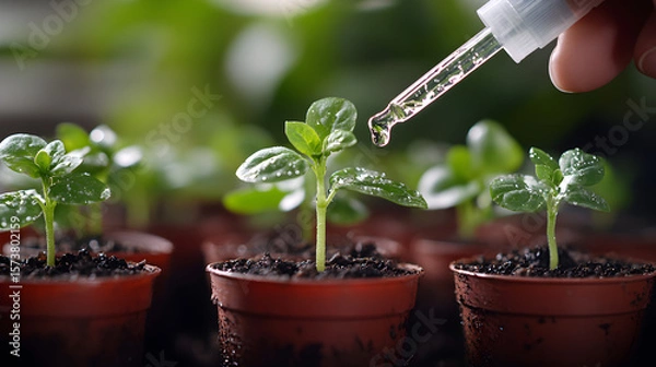 Fototapeta Realistic close-up of a hand carefully watering a tiny seedling in a small pot using a dropper, isolated on a pure Transparent background, symbolizing nurturing, growth, care, investment.