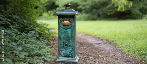 Fototapeta Enigmatic candle lantern standing silently beside a secluded trail within verdant woods