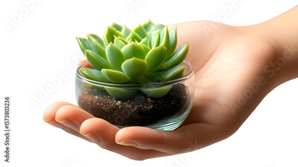 Fototapeta Realistic image of a hand holding a small, clear terrarium containing a single succulent plant, isolated on a pure Transparent background, symbolizing care for nature, contained ecosystem.