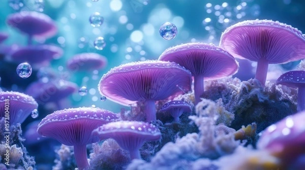 Fototapeta Enchanting pink mushrooms underwater, bubbles, fantasy forest, whimsical background, game design