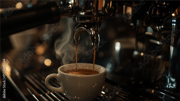 Fototapeta Espresso Pouring from Coffee Machine into White Cup in Low Light Café