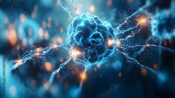 Fototapeta Realistic visualization of brain synapses firing as pulses of light between connected nodes, isolated on a pure Transparent background, representing thought process, neural network activity.