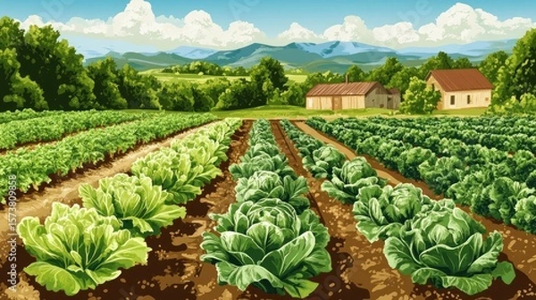 Obraz A farm with a house and a field of lettuce