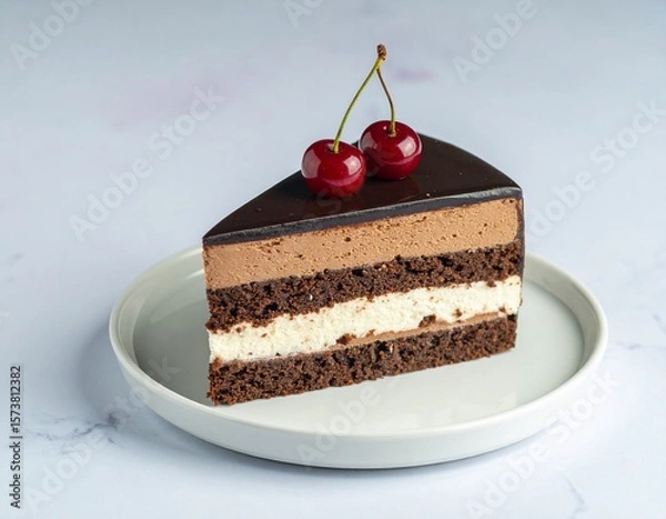 Fototapeta Chocolate Layer soft Cake Slice with Cherries 