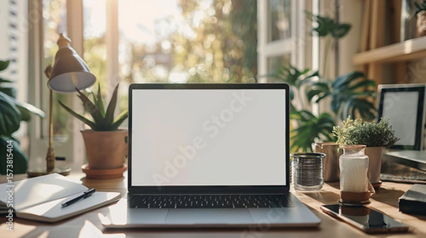 Fototapeta Floating Home Office Essentials - Laptop, Coffee & Notebook on Daylight White