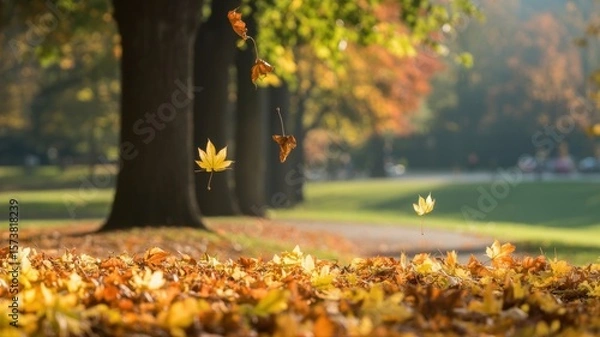 Fototapeta Autumn leaves gently falling from a tree, casting warm hues over a serene park landscape
