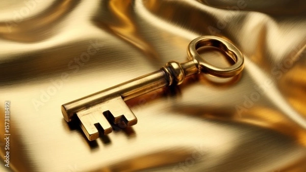 Fototapeta A gleaming golden key rests on a luxurious gold fabric, symbolizing wealth and opportunity.