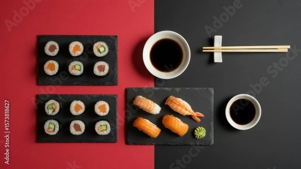 Fototapeta A beautifully arranged sushi set with various rolls and nigiri on black slate plates against a red and black background