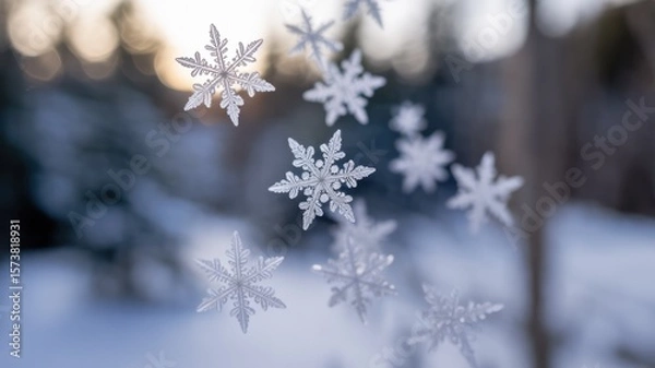 Fototapeta Delicate snowflakes gently falling against a soft, blurred winter backdrop