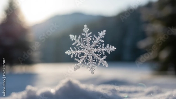 Fototapeta A delicate snowflake glistens in the sunlight against a serene winter landscape backdrop