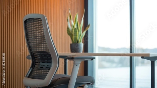 Fototapeta Modern office chair with ergonomic design placed near a wooden desk and large window, featuring a potted plant in the background.