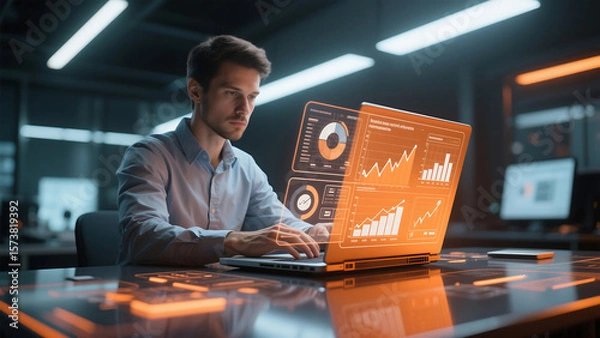 Fototapeta Man working on laptop with orange holographic charts in a futuristic office environment setting