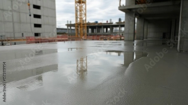 Fototapeta Wet concrete floor at a construction site with reflections of buildings and cranes under an overcast sky