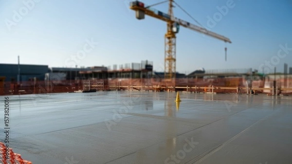 Fototapeta Construction site with a freshly poured concrete floor and a towering crane under a clear blue sky
