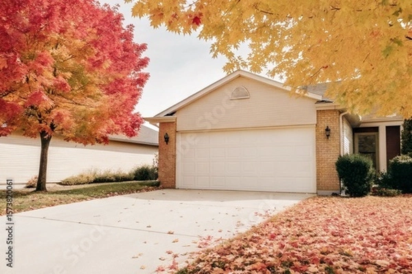 Fototapeta Modern suburban house with garage and driveway covered in colorful autumn leaves. Surrounded by vibrant trees, peaceful neighborhood, warm atmosphere, perfect seasonal real estate or architecture.