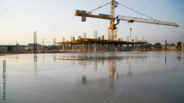 Fototapeta Construction site with a towering crane reflected in wet concrete, showcasing early stages of building development