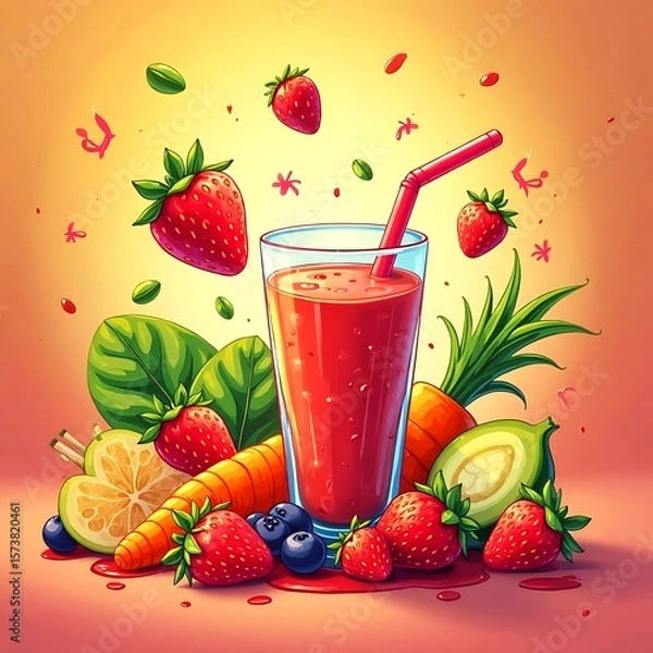 Fototapeta Colorful Fruit Bowls, Refreshing Juice Pops, Cartoon Characters, Cute Emoji Icons, and Wholesome Morning Tea Cups with Hearts to Energize Your Day with Fun and Flavorful Health-Focused Visuals