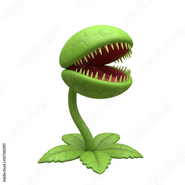 Fototapeta Green Piranha Plant with Open Mouth and Sharp Red Teeth Against Transparent Background