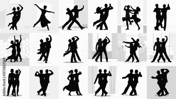 Fototapeta Various Couples Silhouette Dancing Tango, Ballroom, Salsa on White Background Dance Illustration Set