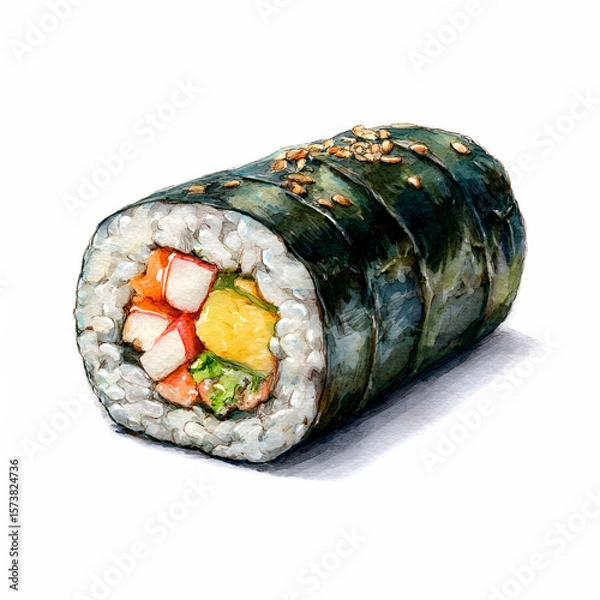 Fototapeta Kimbap Roll Illustration: A visually appealing watercolor illustration of a single kimbap roll, showcasing the intricate layers of rice, seaweed, and filling.