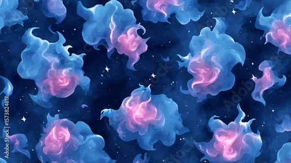 Fototapeta Cosmic Nebula Swirls: An illustration of cosmic cloud painted with purple and blue colors blend seamlessly, creating a mesmerizing nebula pattern, evoking a sense of wonder and the vastness of space.
