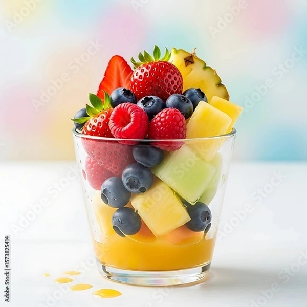 Fototapeta Colorful Fruit Bowls, Refreshing Juice Pops, Cartoon Characters, Cute Emoji Icons, and Wholesome Morning Tea Cups with Hearts to Energize Your Day with Fun and Flavorful Health-Focused Visuals