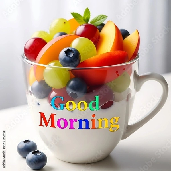 Fototapeta Colorful Fruit Bowls, Refreshing Juice Pops, Cartoon Characters, Cute Emoji Icons, and Wholesome Morning Tea Cups with Hearts to Energize Your Day with Fun and Flavorful Health-Focused Visuals