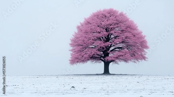Obraz Solitary pink tree in snowy field, winter landscape.