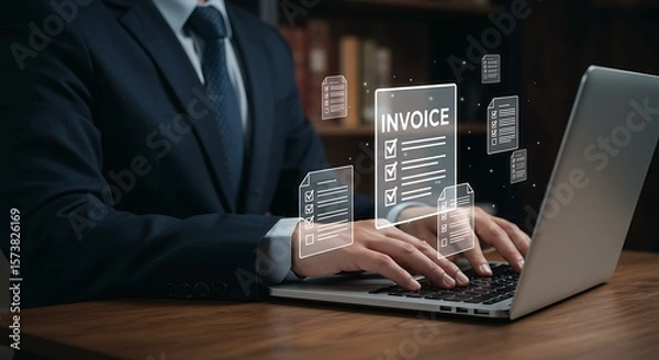 Fototapeta Businessman typing on laptop with digital invoice and documents floating