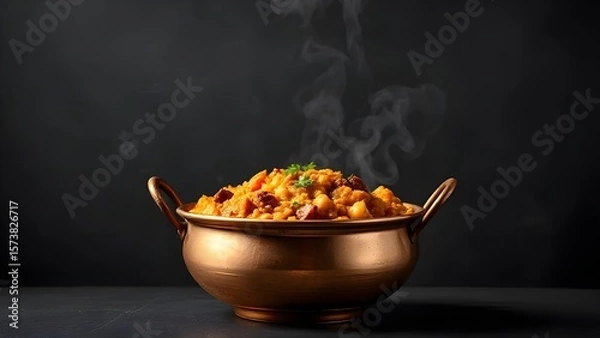 Fototapeta A steaming bowl of delicious and aromatic indian curry is ready to serve