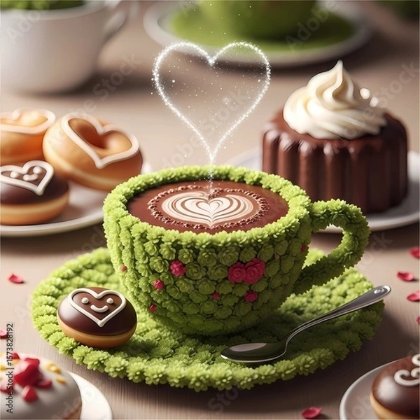Fototapeta Colorful Fruit Bowls, Refreshing Juice Pops, Cartoon Characters, Cute Emoji Icons, and Wholesome Morning Tea Cups with Hearts to Energize Your Day with Fun and Flavorful Health-Focused Visuals