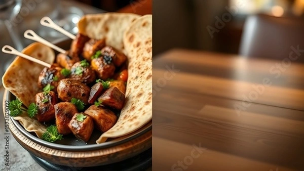 Fototapeta Grilled meat skewers served with flatbread and fresh parsley on a table