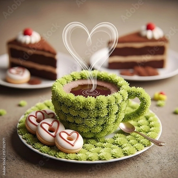 Fototapeta Colorful Fruit Bowls, Refreshing Juice Pops, Cartoon Characters, Cute Emoji Icons, and Wholesome Morning Tea Cups with Hearts to Energize Your Day with Fun and Flavorful Health-Focused Visuals