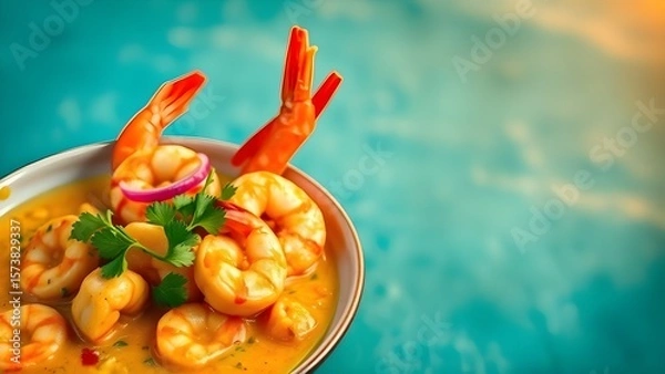 Fototapeta A bowl of delicious shrimp in a flavorful sauce is ready to be served