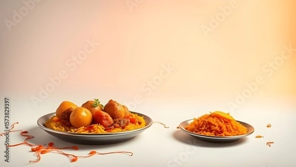 Fototapeta Two plates of delicious food are arranged on a white table