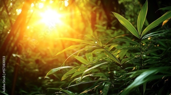 Fototapeta Sunbeams pierce through lush green foliage in a dense forest.