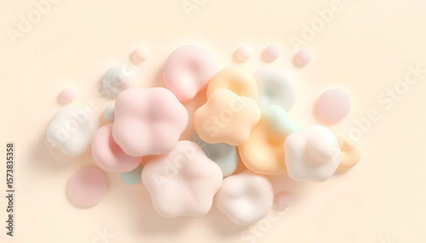 Fototapeta Abstract composition of puffy soap-bubble-like elements in pastel color palette, isolated on a cream background