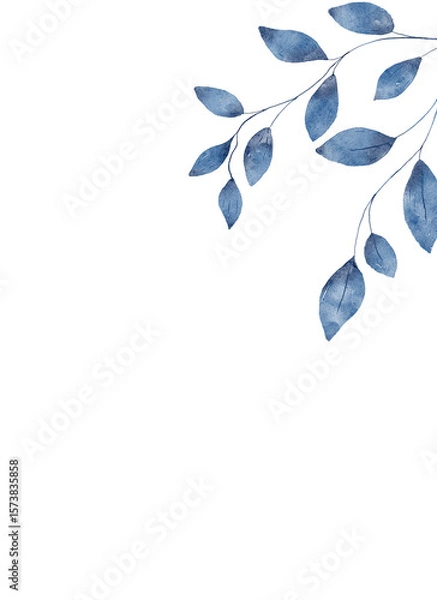 Fototapeta Watercolor blue leaves, floral background for greeting card, invitation and other printing design. Isolated on white. Hand drawing.	