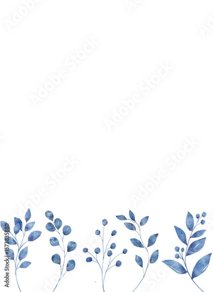Fototapeta Watercolor blue leaves, floral background for greeting card, invitation and other printing design. Isolated on white. Hand drawing.	