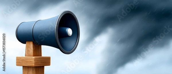 Fototapeta A blue megaphone mounted on a wooden post against a cloudy sky, symbolizing communication or announcement.