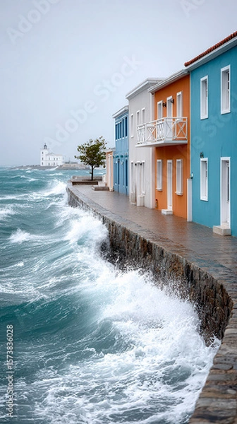 Fototapeta Colorful seaside houses line a stone walkway with waves crashing against the shore under a cloudy sky near a distant lighthouse.