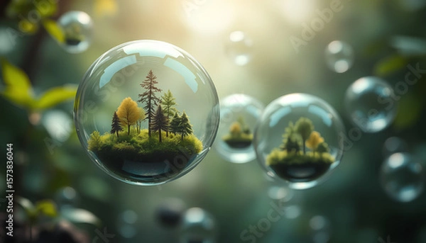 Fototapeta Abstract nature scene with floating glossy bubbles containing miniature forests inside, environmental sustainability symbolism