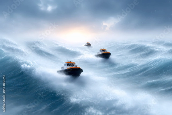 Fototapeta Three orange and black boats navigate rough, stormy ocean waves under a cloudy sky with a faint glow on the horizon.